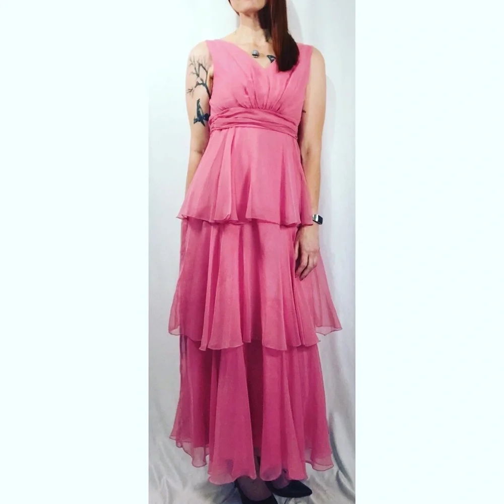 Sold—Vintage Pink Chiffon Empire Waist Maxi Dress with Matching Chiffon Cape - Picture 3 of 17